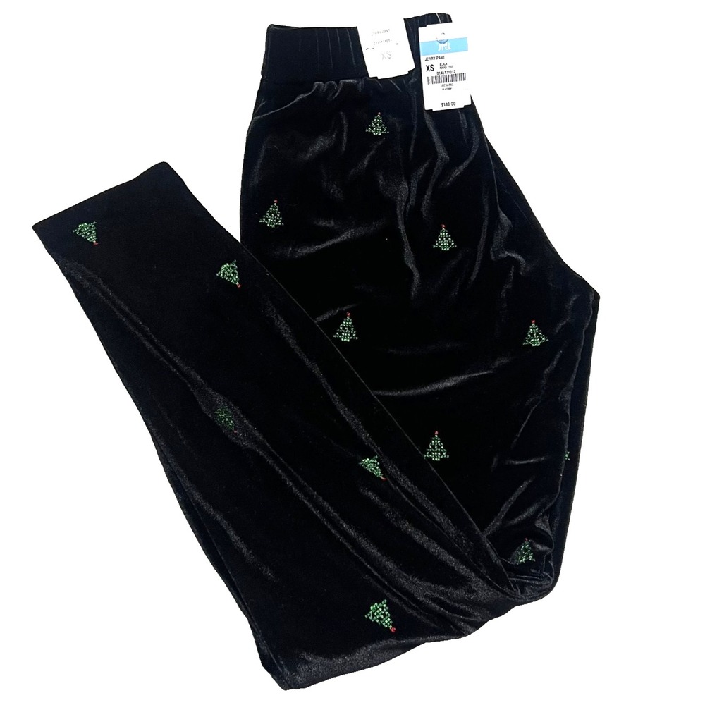 J McLaughlin Jerry Pants Womens XS Black Velvet Holiday Tree Embroidered NWT